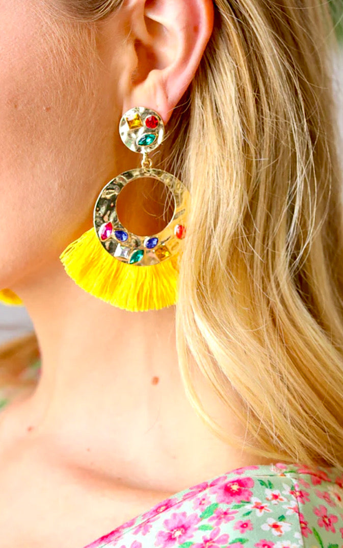 Canary Yellow Rhinestone Tassel Gold Earrings