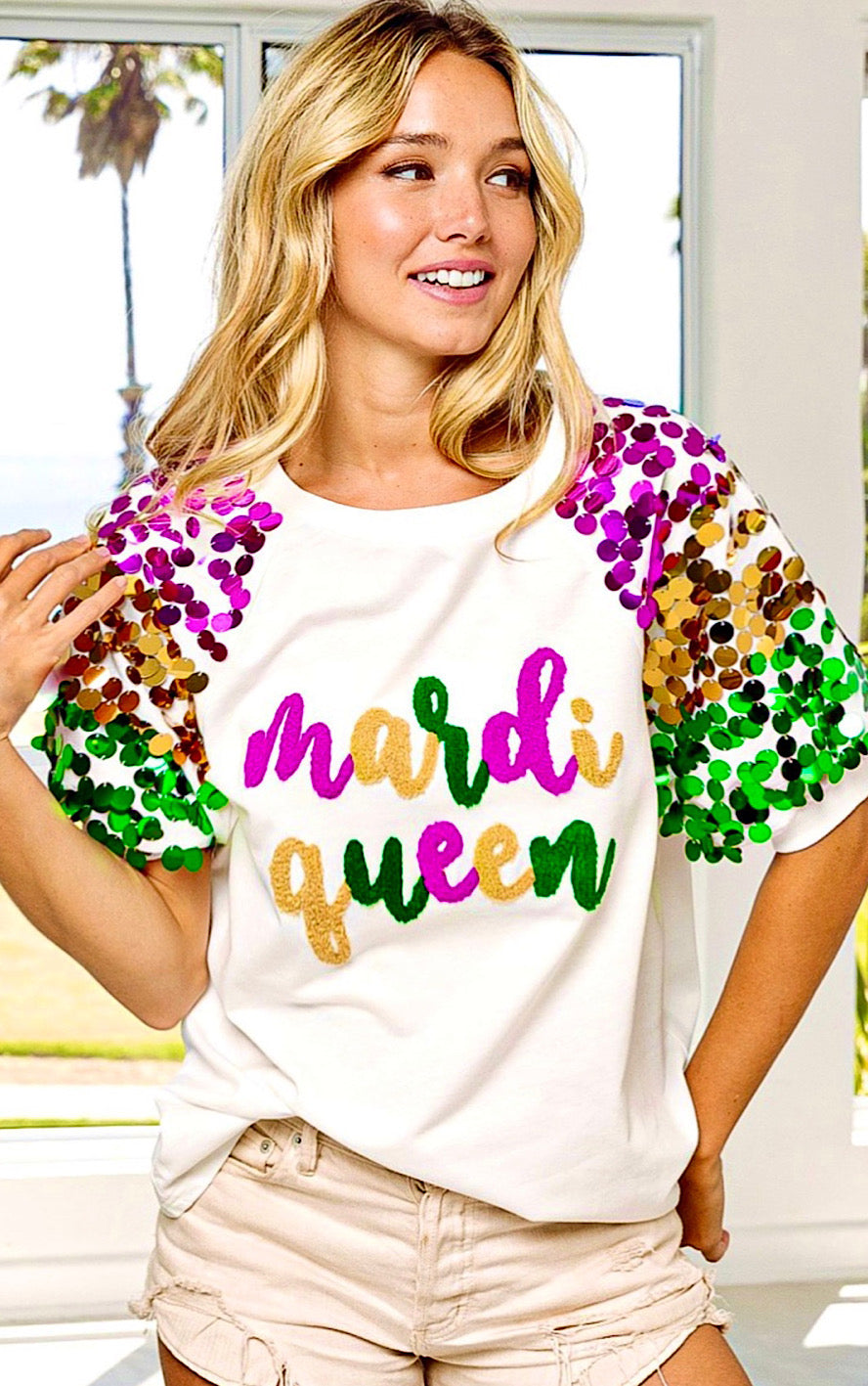 Mardi Gras Queen Chenille Patch Sequin Sleeves Shirt