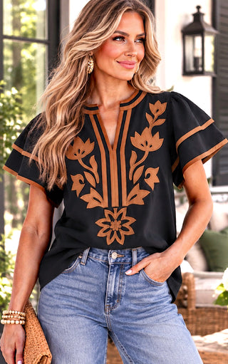 Country Club Charm Black Embroidered Ruffle Sleeve Top