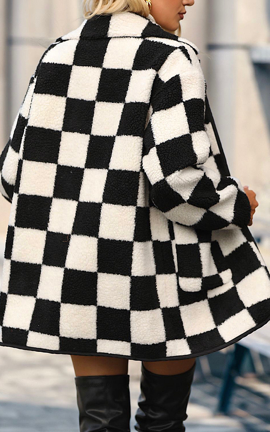 Main Event Checkered Faux Fur Coat