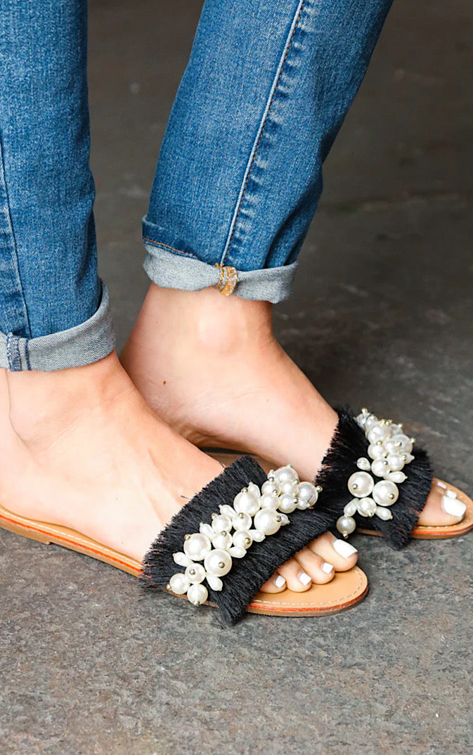 Stunning Charm Black Linen Fray Beaded Sandals