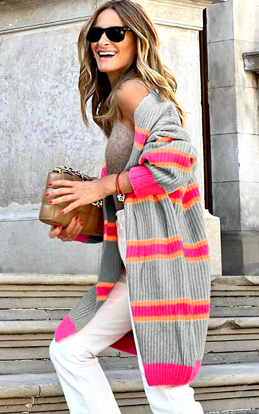 Style Statement Grey And Neon Striped Cardigan
