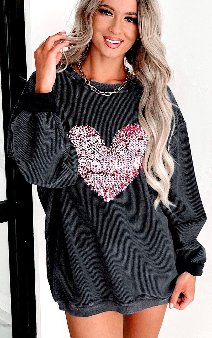 Let Your Love Shine Pink Sequin Heart Sweatshirt, SM-2X