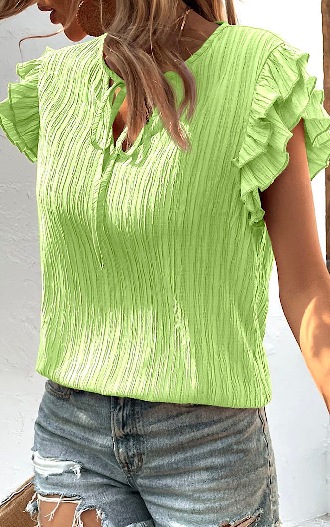 Green Butterfly Sleeve Tie Neck Top, MED & LARGE