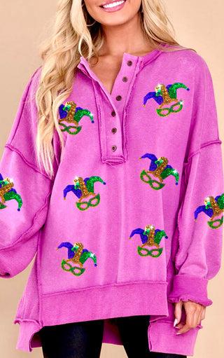 Mardi Gras Jester Sequin Oversized Sweatshirt, LARGE