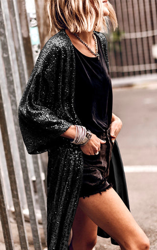 Sparkling Sensation Sequin Duster Kimono, BLACK & BEIGE