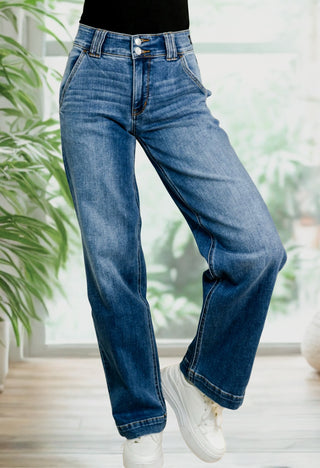 Close-up of Everly Wide-Legged Jeans by Judy Blue showing the high-rise fit, double button closure, and dark wash denim.