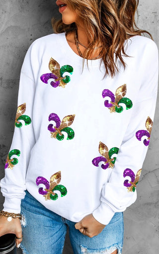 Parade Perfect White Sequin Fleur De Lis Mardi Gras Top