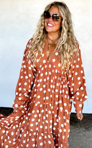 Autumn Muse Rust Polka Dot Dress, ETA 8/18