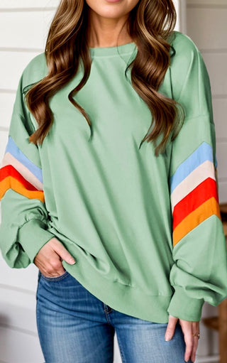 Simple Sophistication Sage Green Striped Sleeve Sweatshirt