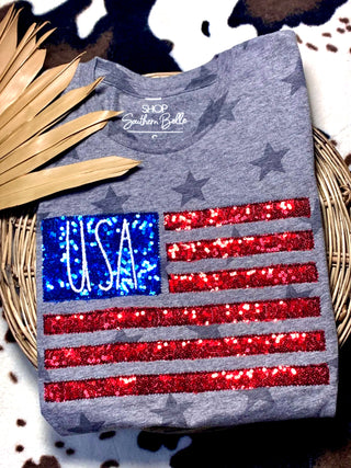 American Flag Sequin Patriotic Tee, SM-2X