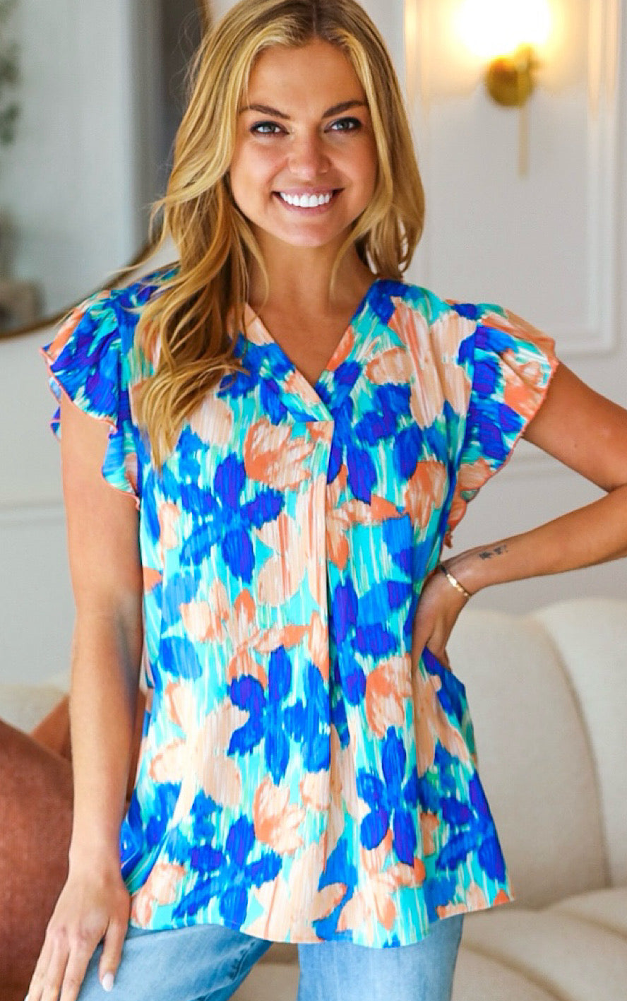 Ocean Breezes Turquoise Floral Top, SMALL LEFT!