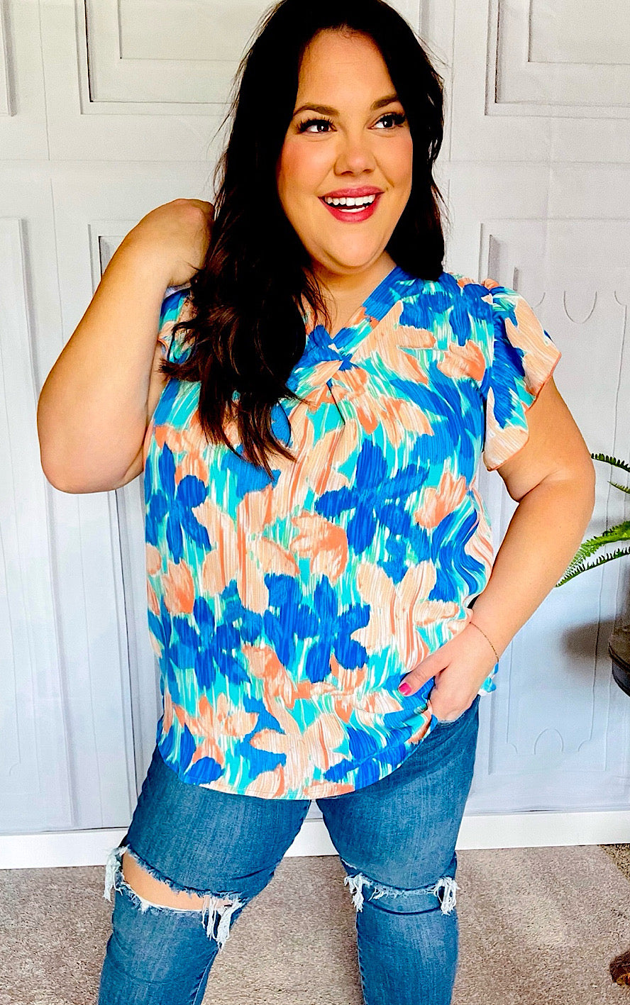 Ocean Breezes Turquoise Floral Top, SMALL LEFT!