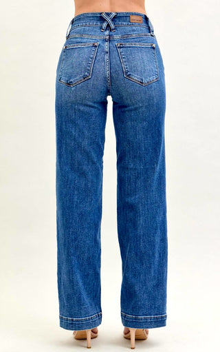 Back view of Everly Wide-Legged Jeans by Judy Blue showing the high-rise fit, double button closure, and dark wash denim.