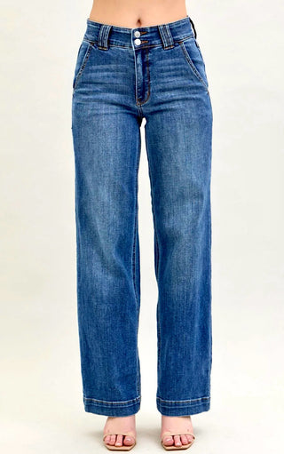 Close-up of Everly Wide-Legged Jeans by Judy Blue showing the high-rise fit, double button closure, and dark wash denim.