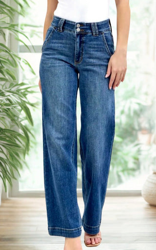 Close-up of Everly Wide-Legged Jeans by Judy Blue showing the high-rise fit, double button closure, and dark wash denim.