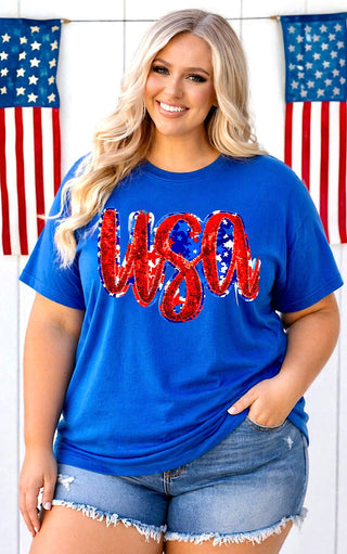 USA Blue Sequin Patriotic Tee