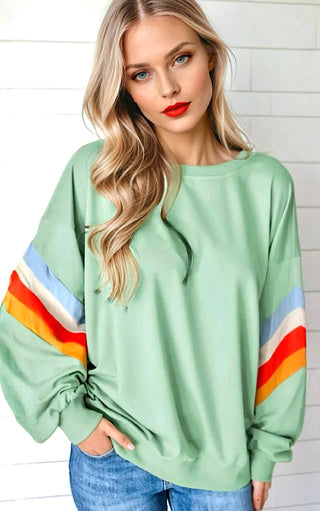 Simple Sophistication Sage Green Striped Sleeve Sweatshirt