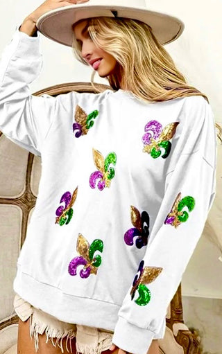 Parade Perfect White Sequin Fleur De Lis Mardi Gras Top