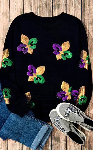 RESTOCKED! Parade Perfect Black Sequin Fleur De Lis Mardi Gras Top