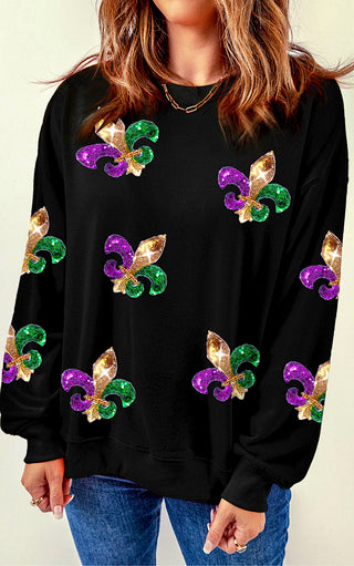 RESTOCKED! Parade Perfect Black Sequin Fleur De Lis Mardi Gras Top