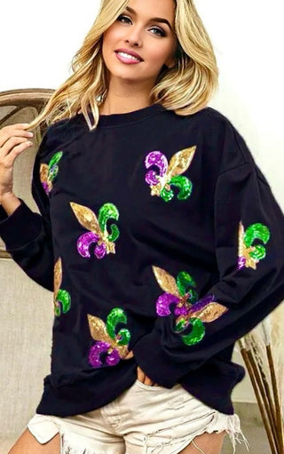 RESTOCKED! Parade Perfect Black Sequin Fleur De Lis Mardi Gras Top