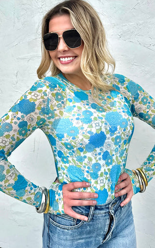 Show Off Blue Retro Floral Mesh Knit Top, SM-2X