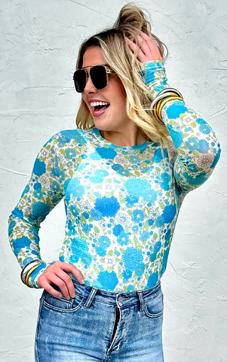 Show Off Blue Retro Floral Mesh Knit Top, SM-2X