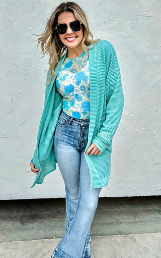 Show Off Blue Retro Floral Mesh Knit Top, SM-2X