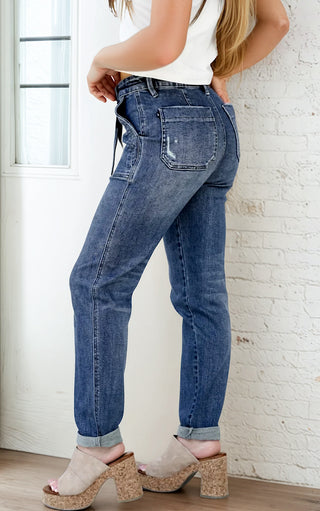 Side view of Judy Blue Dark Wash Jogger Jeans with light distressing on pocket