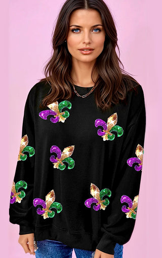 RESTOCKED! Parade Perfect Black Sequin Fleur De Lis Mardi Gras Top