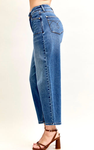 Close-up side angle of Arabella Soft Barrel Cut Jeans by Judy Blue highlighting smooth fit and soft barrel cut shape.