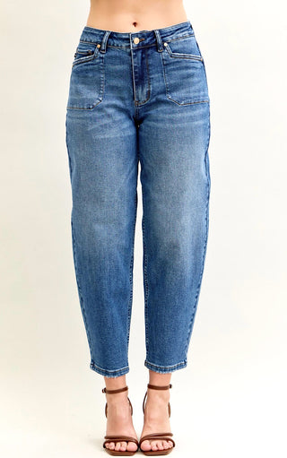 Close-up of front detail on Arabella Soft Barrel Cut Jeans by Judy Blue showing zip fly and subtle pocket stitching.