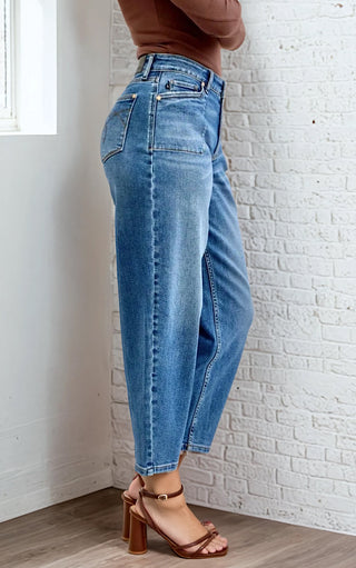 Side view of Arabella Soft Barrel Cut Jeans by Judy Blue highlighting soft barrel silhouette and flattering relaxed leg.