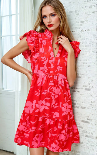 Garden Party Red Floral Dress, SM-2X