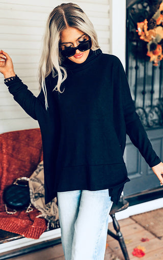 Fireside Luxe Black Cowl Neck Knit Top