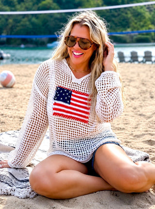 Sweet Summertime American Flag Open Knit Pullover Sweater