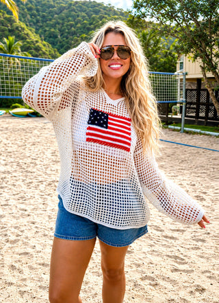 Sweet Summertime American Flag Open Knit Pullover Sweater