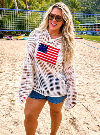 Sweet Summertime American Flag Open Knit Pullover Sweater