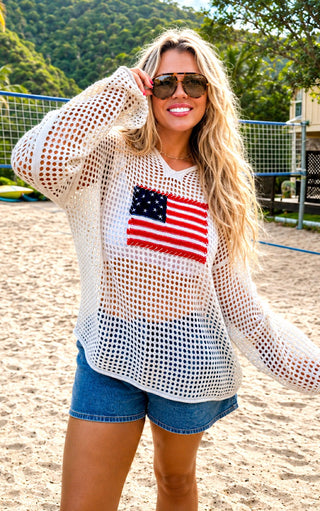 Sweet Summertime American Flag Open Knit Pullover Sweater