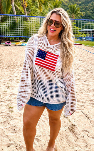 Sweet Summertime American Flag Open Knit Pullover Sweater