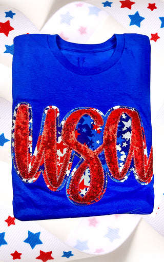 USA Blue Sequin Patriotic Tee, SM-3X