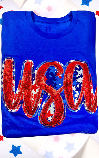 USA Blue Sequin Patriotic Tee, SM-3X