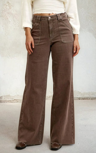 Front view close-up of Judy Blue Chestnut Brown Wide Leg Jeans with patch pockets and high waist.