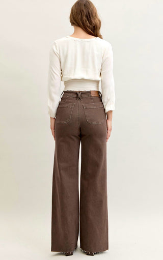 Back view of model in Judy Blue Chestnut Brown Wide Leg Jeans, showing high waist and wide leg style.