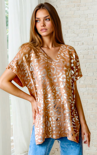 model in the Caged Beauty brown metallic leopard sweater, highlighting the relaxed drape and metallic animal print.