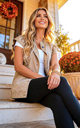 A woman sitting on outdoor porch steps wearing a beige sleeveless button-front vest over a white top and black leggings.