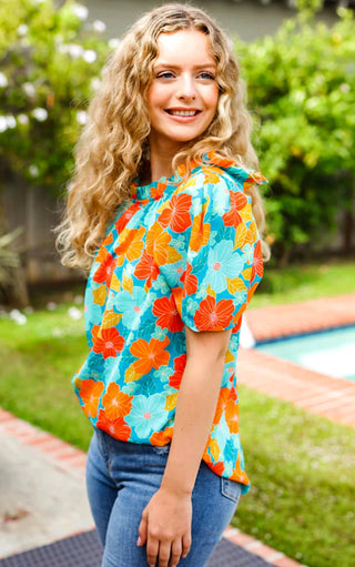 Sunset Bouquet Teal & Orange Floral Top, SM-3X