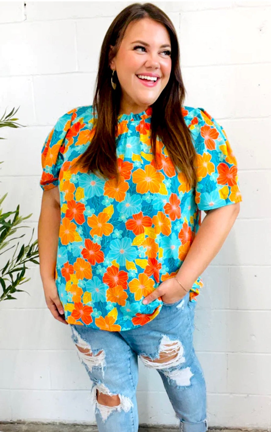 Sunset Bouquet Teal & Orange Floral Top, SM-3X