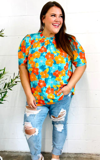 Sunset Bouquet Teal & Orange Floral Top, SM-3X